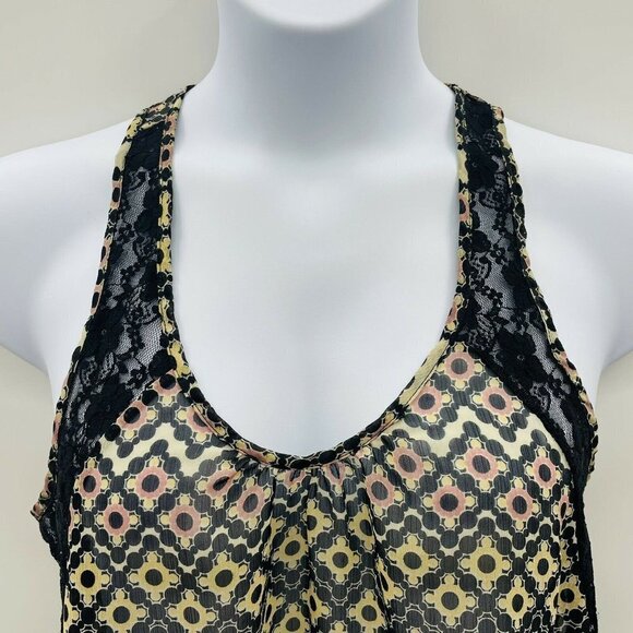 Lily White Womens Size Large Sleeveless Scoop Neck Printed Blouse Lace Trim 412 - Picture 3 of 5